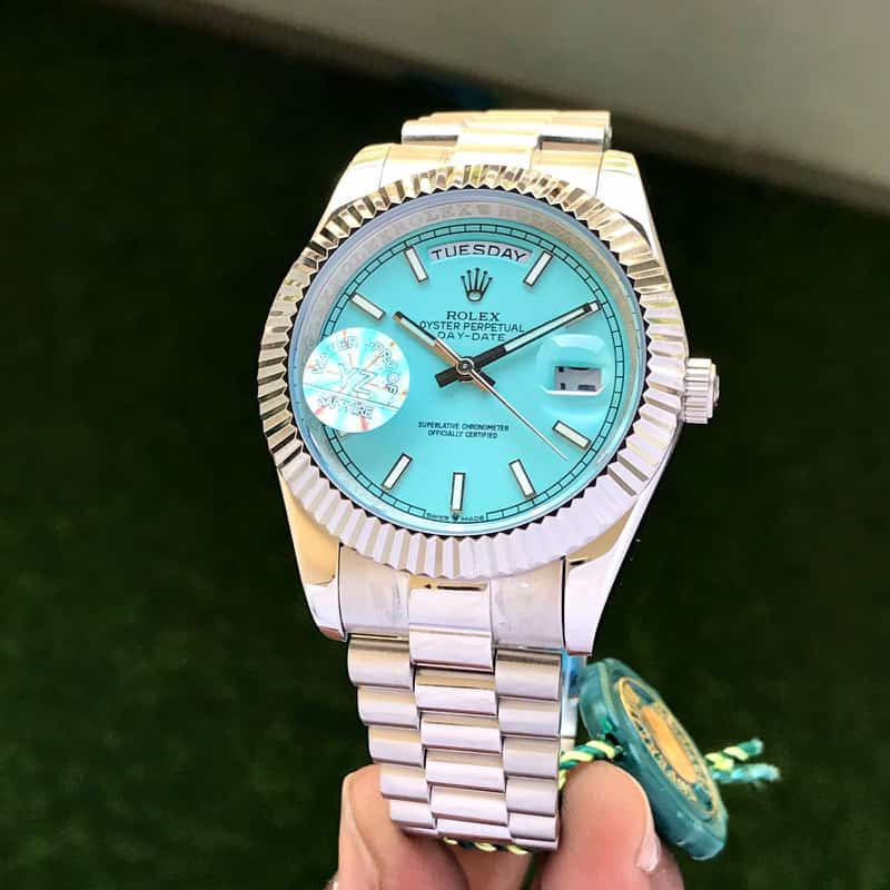 Rolex Date Just Silver Tone Sky Blue Dial Automatic Mens Watch