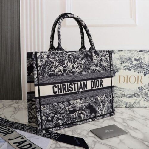 Christian Dior Lady Bag Book Tote Black Tiger With Original Box Dust Cover Bill Cards Ribbon