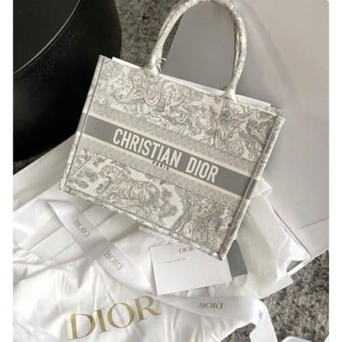 Christian Dior Lady Bag Book Tote GreyTiger With Original Box Dust Cover Bill Cards Ribbon.