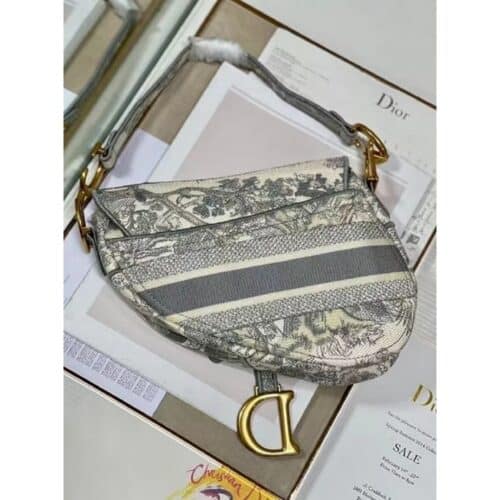 Christian Dior Lady Bag In Grey Toile De Jouy Embroidery With OG Box & Dust Bag