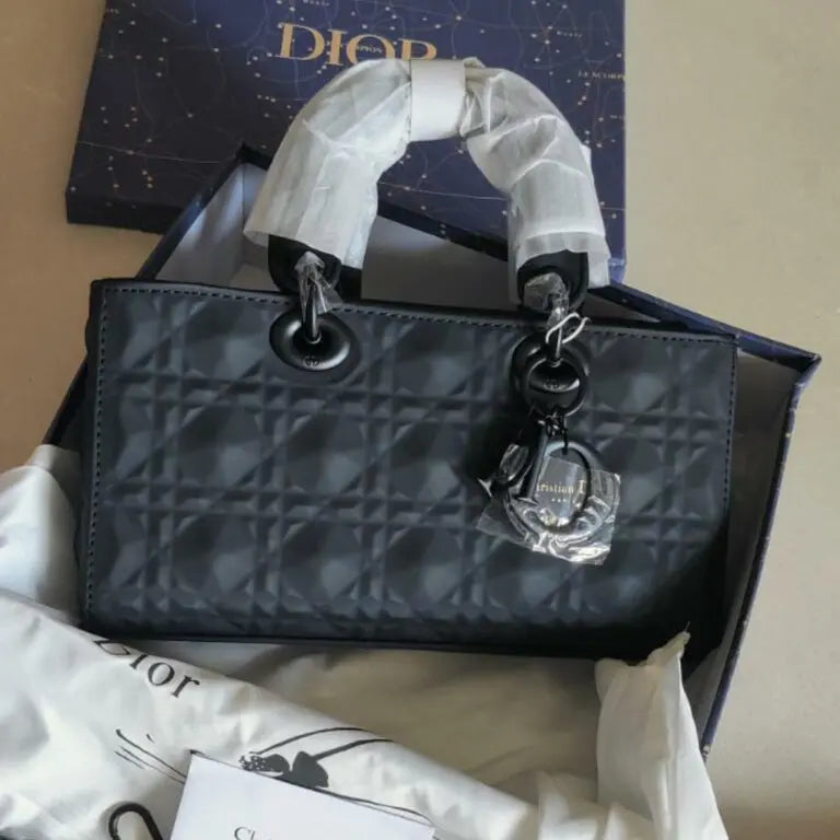 Christian Dior Cannage Diamond Motif Black Bag With Box