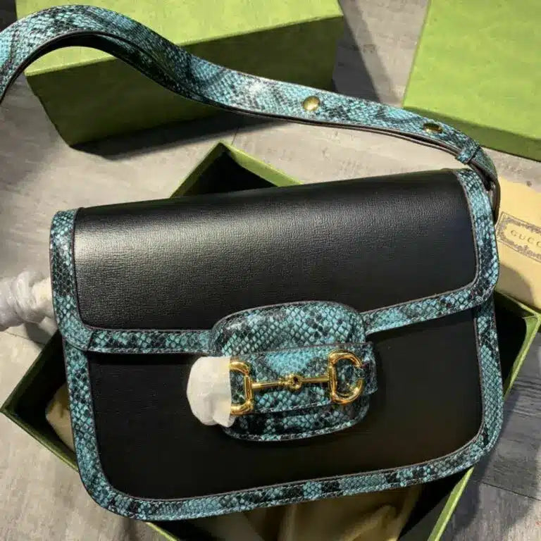 Gucci Horsebit Black Python Sling Bag With Box