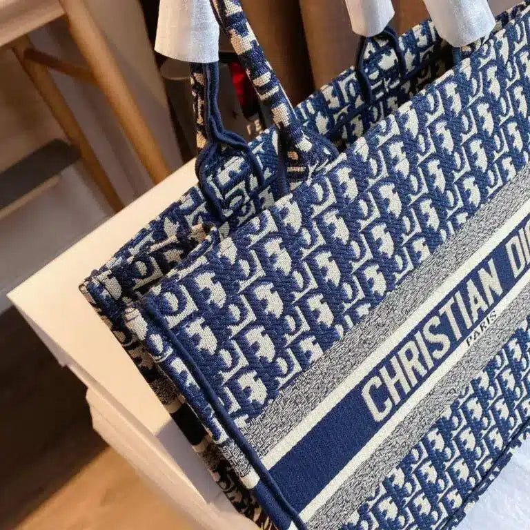 Dior Blue Embroidery Book Tote With Box