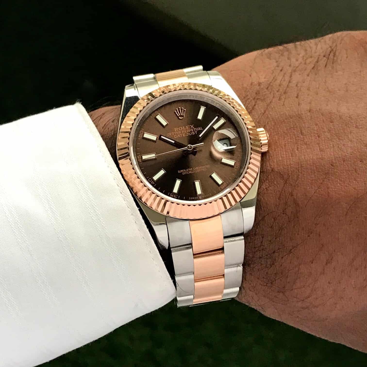 Rolex Date Just 41 Two Tone Chocolate Dial Automatic Mens Watch