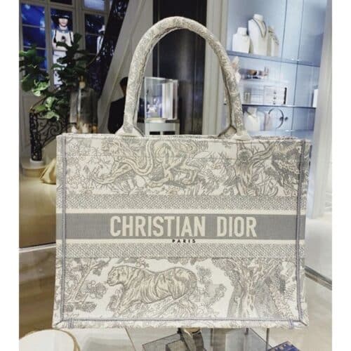 Christian Dior Lady Bag Book Tote GreyTiger With Original Box Dust Cover Bill Cards Ribbon.