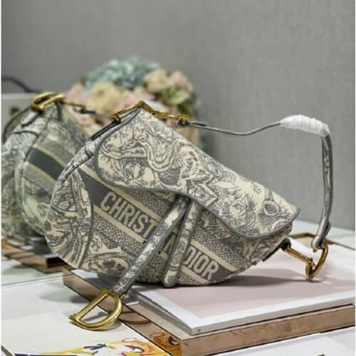 Christian Dior Lady Bag In Grey Toile De Jouy Embroidery With OG Box &amp; Dust Bag
