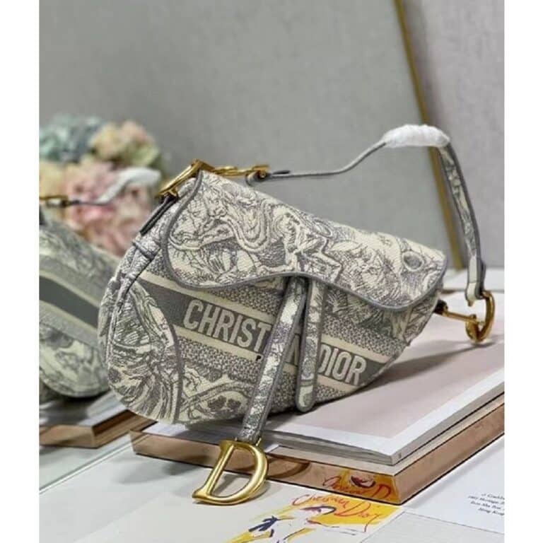 Christian Dior Lady Bag In Grey Toile De Jouy Embroidery With OG Box &amp; Dust Bag