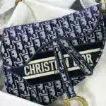 Dior Oblique Deep Blue Canvas Saddle Bag With Box