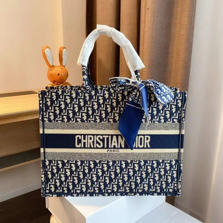 Dior Blue Embroidery Book Tote With Box