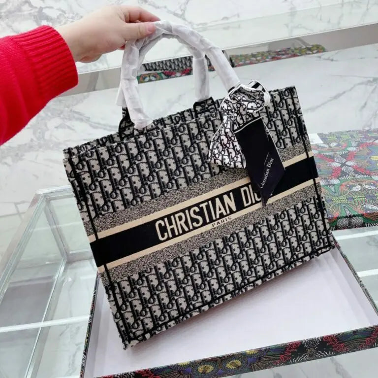 Dior Black Embroidery Book Tote With Box