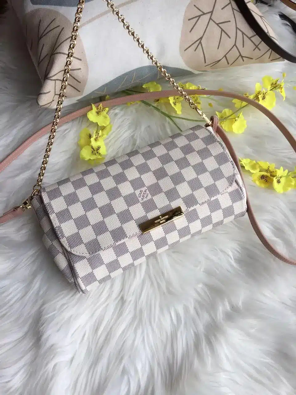 Vuitton Shelton White Check Shoulder Bag With Box