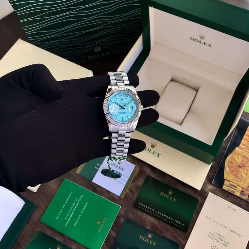 Rolex Date Just Silver Tone Sky Blue Dial Automatic Mens Watch
