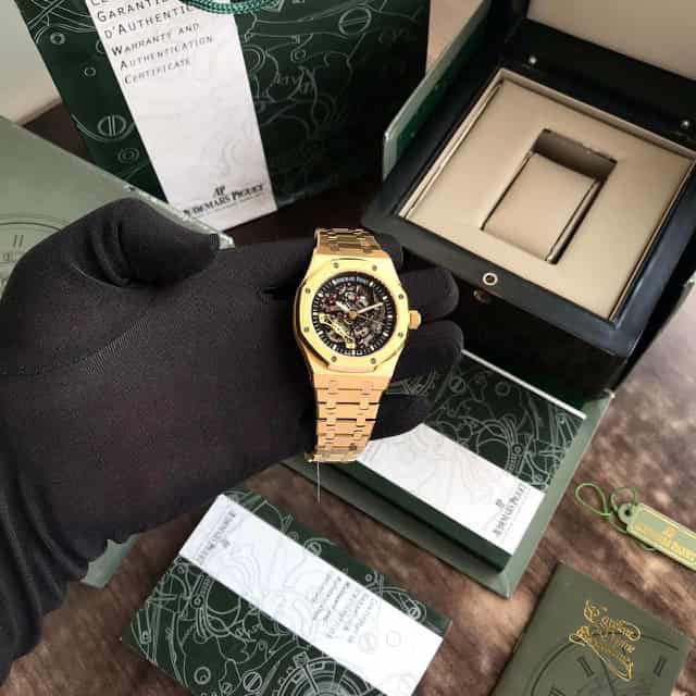 Audemars Piguet Royal Oak Double Balance Wheel Open worked Full Gold Skeleton Dial Automatic Mens Watch