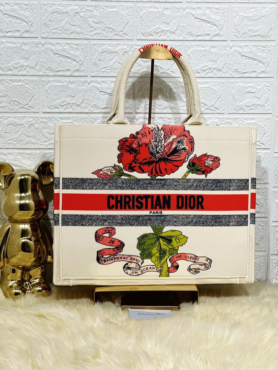 Christian Dior Tote Bag Cream Red With Box & Dust Bag