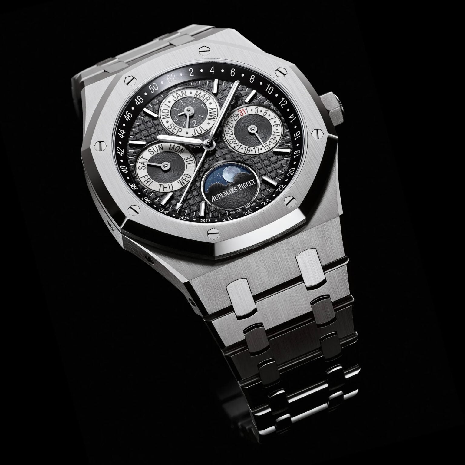 Audemars Piguet Perpetual Calendar Open Worked Silver Black Dial Automatic Mens Watch