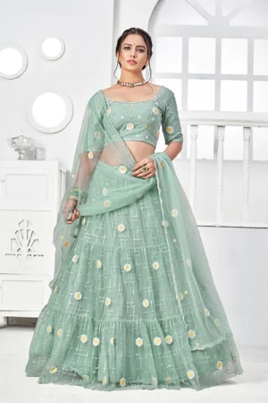 TurquoiseGreenNetThreadwithSequinsEmbroideredLehengaCholi1783 1
