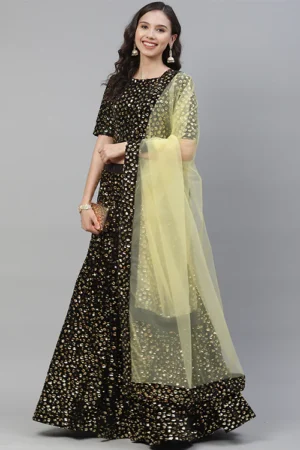 YellowSequinsBollywoodStyleVelvetLehengaCholiCollection7017 1